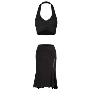 Women's Black Halter Neck Ruched Crop Top & Side Drawstring Ruffle Hem Skirt Latin Dancewear Set