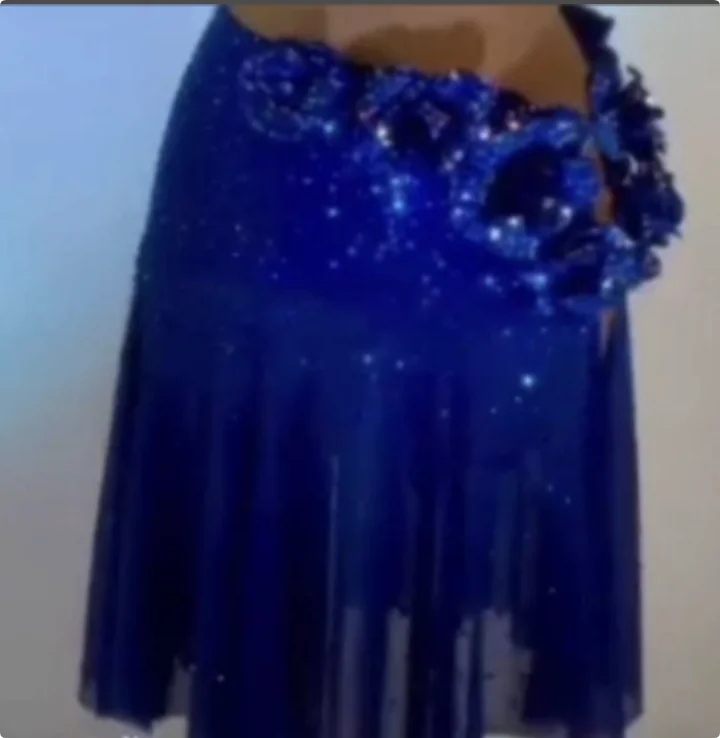 Dance Top Women's Blue Sparkle Off-Shoulder Fringe Latin Salsa Rumba Cha-Cha