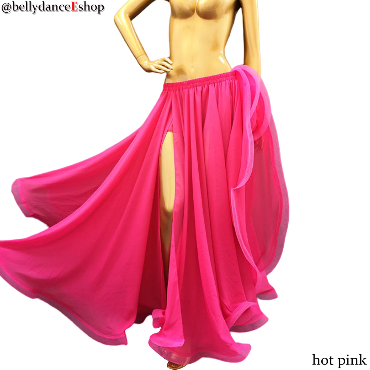 Belly Dance Women's Yellow Chiffon Full Circle Skirt with Gold Trim, Slit Design