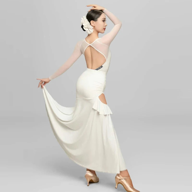 Women's White & Brown Square Neck Long Sleeve Ruffled Latin Dance Dress with Mesh Sleeves