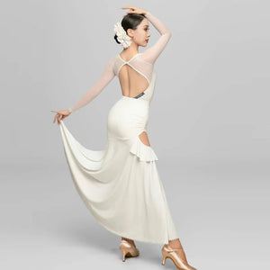 Women's White & Brown Square Neck Long Sleeve Ruffled Latin Dance Dress with Mesh Sleeves