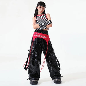 Dance Costume Girls Black White Red Checkered Crop Top Shiny PU Cargo Pants Hip Hop Street Dance