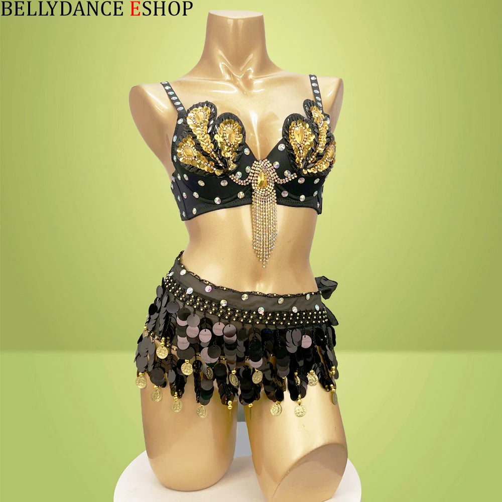 Women's Blue Sequin Beaded Fringe Belly Dance Costume Bra and Belt Set