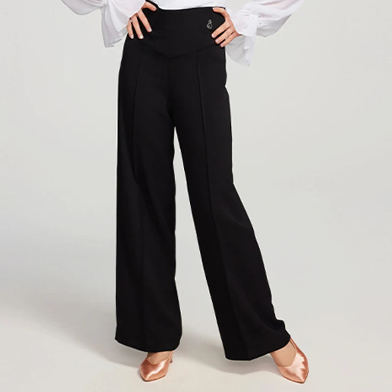 Women's Black & White Chiffon & Spandex Ruffled Wide-Leg Ballroom Dance Pants & Blouse Set