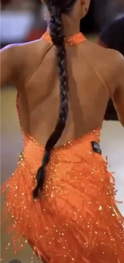Women's Orange Sequin Halter Neck Cutout Latin Dance Dress with Fringe Hem