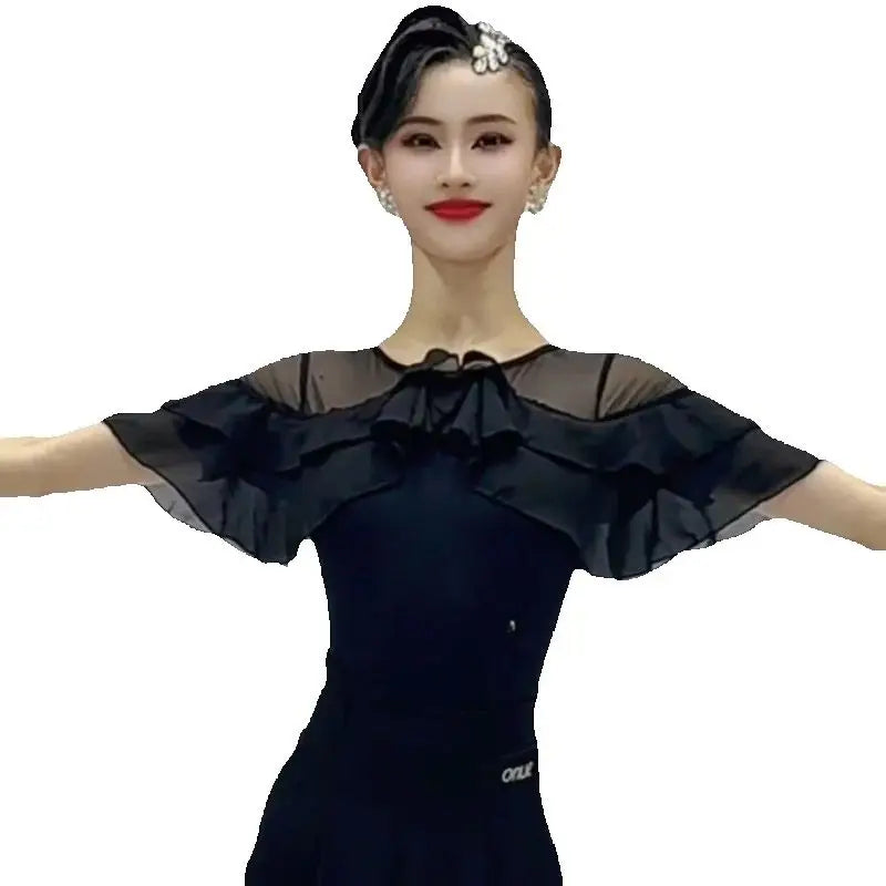 Women's Black Ruffled Mesh Latin Dance Dress with Hair Clip
