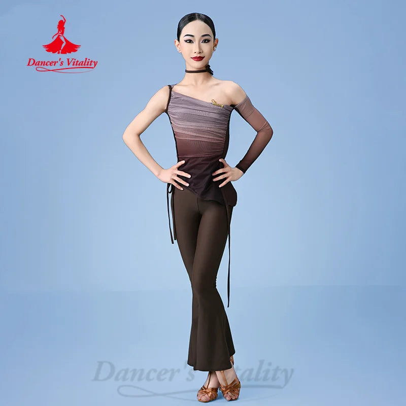 Girls' Ombre One-Shoulder Mesh Latin Dance Top and Flared Pants Set - Brown/Beige, Ruched, Long Sleeve