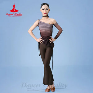 Girls' Ombre One-Shoulder Mesh Latin Dance Top and Flared Pants Set - Brown/Beige, Ruched, Long Sleeve