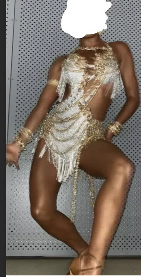 Women's Gold & White Fringe Sequin Latin Dance Dress with Cutouts