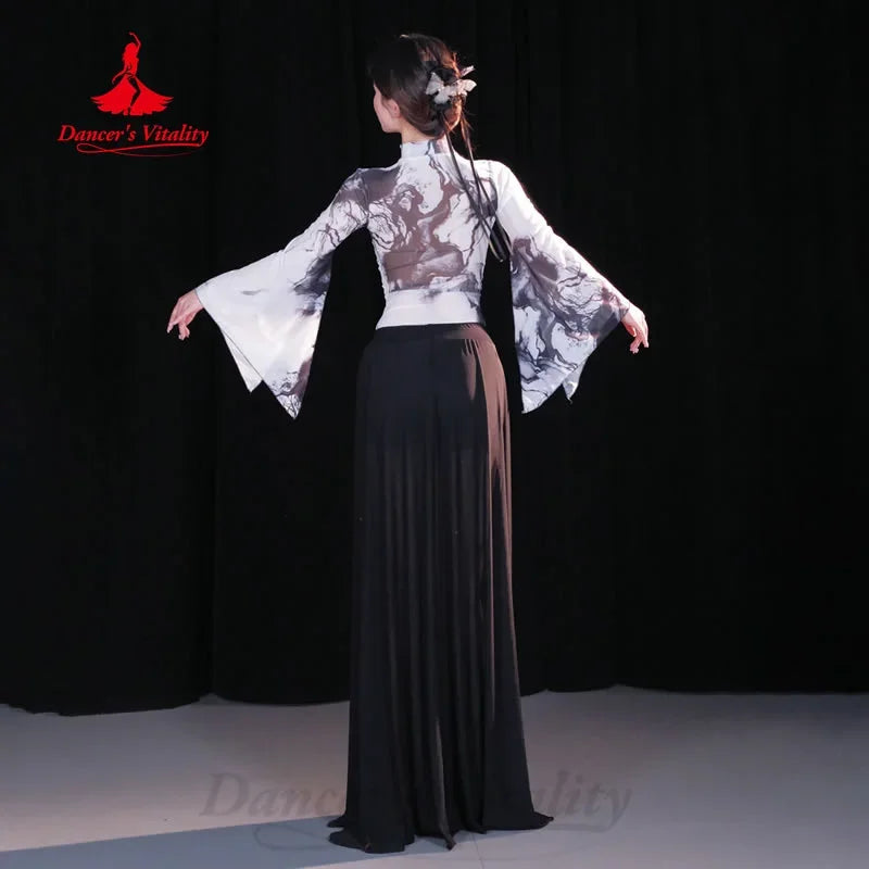 Women's Black & White Halter Crop Top and Flowy Pants Set with Bell Sleeves for Belly Dance