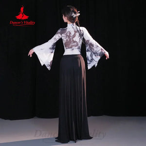 Women's Black & White Halter Crop Top and Flowy Pants Set with Bell Sleeves for Belly Dance