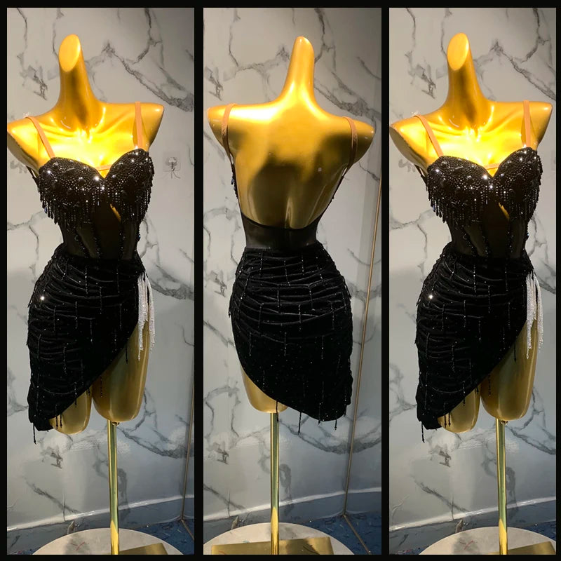 Women's Black Sequin Fringe Velvet Asymmetrical Latin Dance Dress