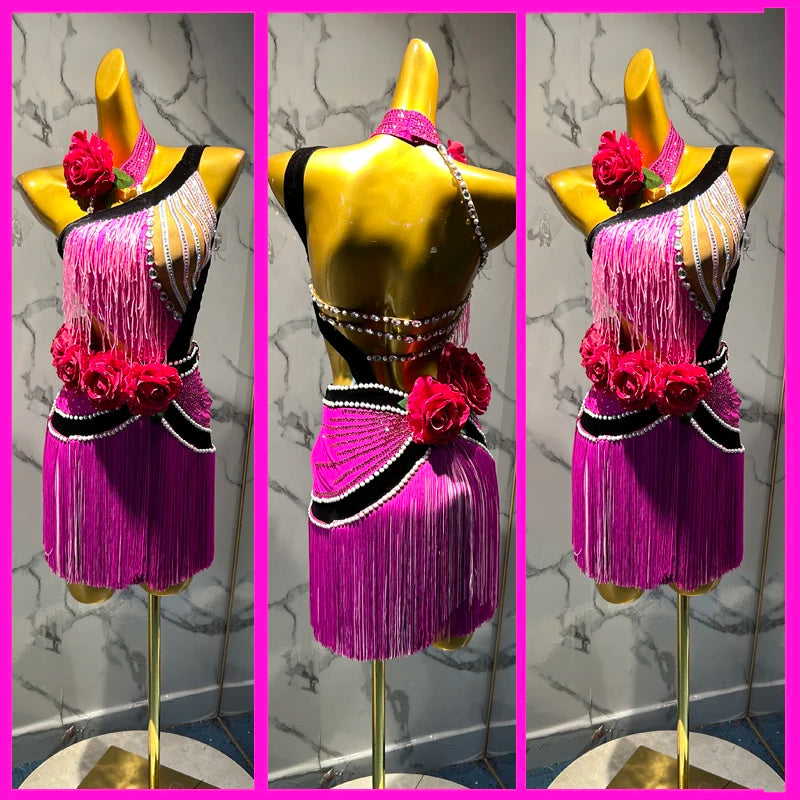 Women's Fuchsia Fringe & Sequin Latin Dance Dress with Rose Accents