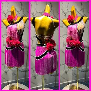 Women's Fuchsia Fringe & Sequin Latin Dance Dress with Rose Accents