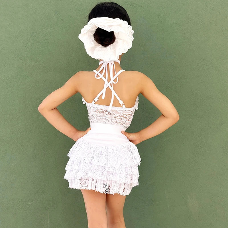 Girls' White Halter Lace Ruffled Latin Dance Dress