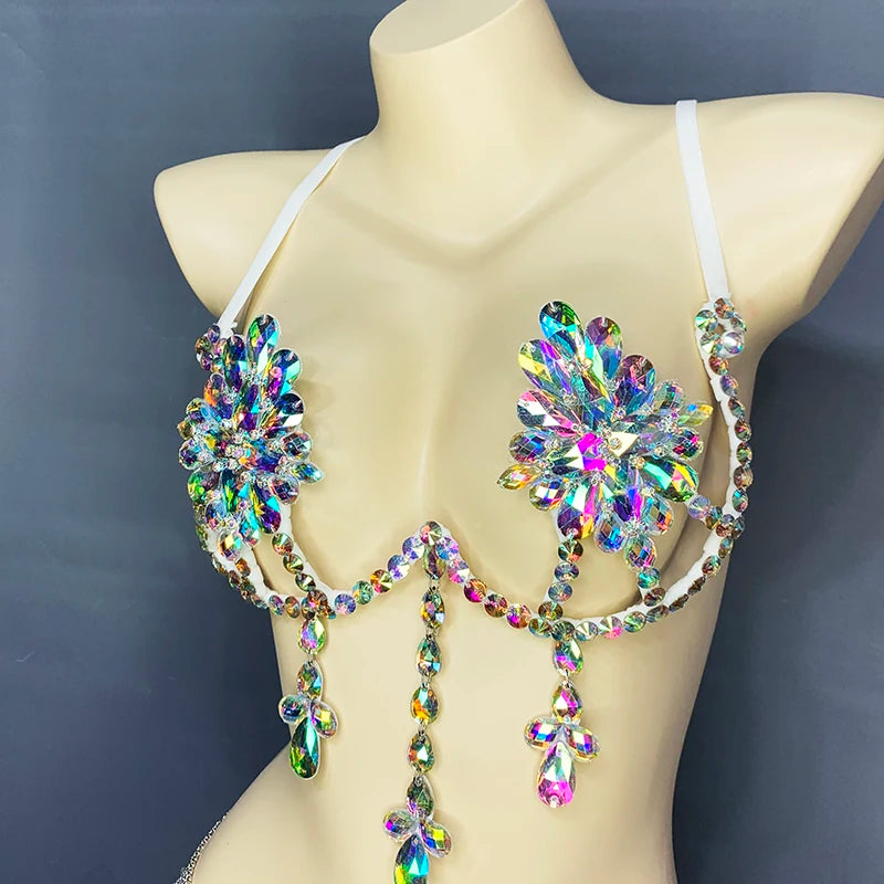 Dance Bra, Women's White Iridescent Crystal Rhinestone Embellished Halter Top, Belly Dance