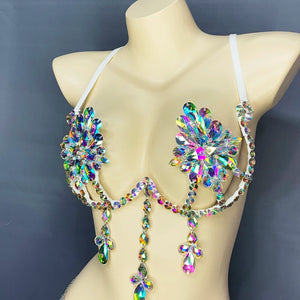 Dance Bra, Women's White Iridescent Crystal Rhinestone Embellished Halter Top, Belly Dance