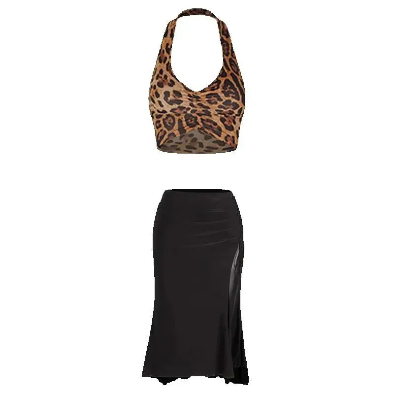 Women's Black Halter Neck Ruched Crop Top & Side Drawstring Ruffle Hem Skirt Latin Dancewear Set