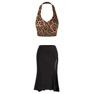 Women's Black Halter Neck Ruched Crop Top & Side Drawstring Ruffle Hem Skirt Latin Dancewear Set