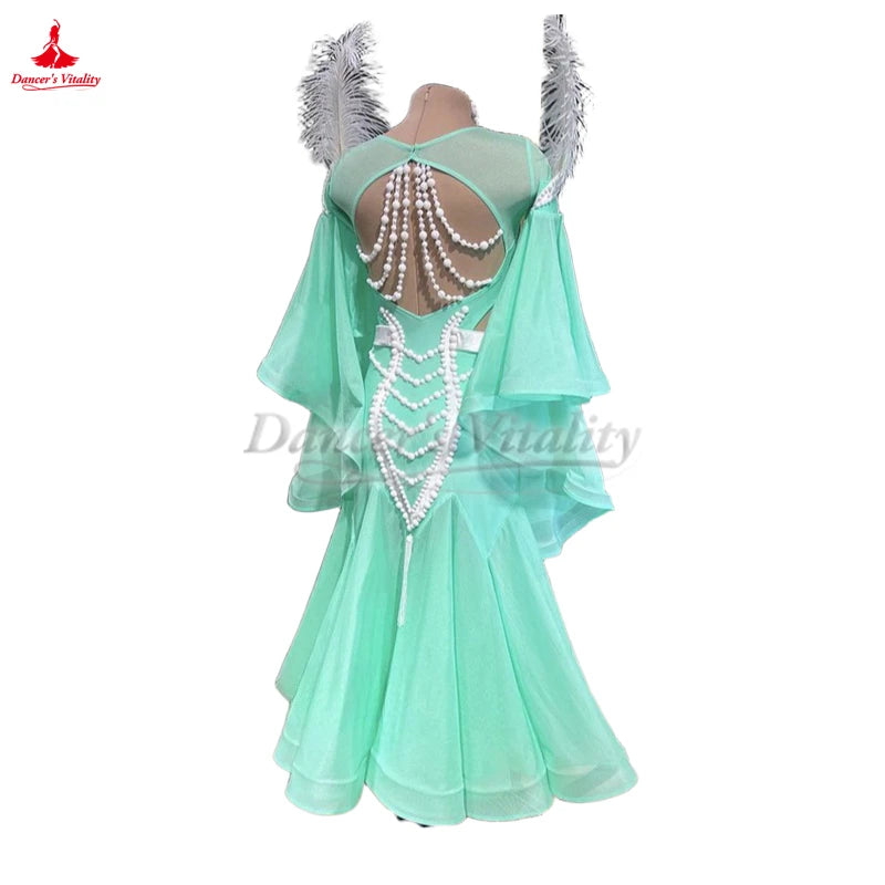 Ballroom Competition Dress With Flared Sleeves and Full Swing Skirt for Teens & Women Foxtrot Tango Quickstep