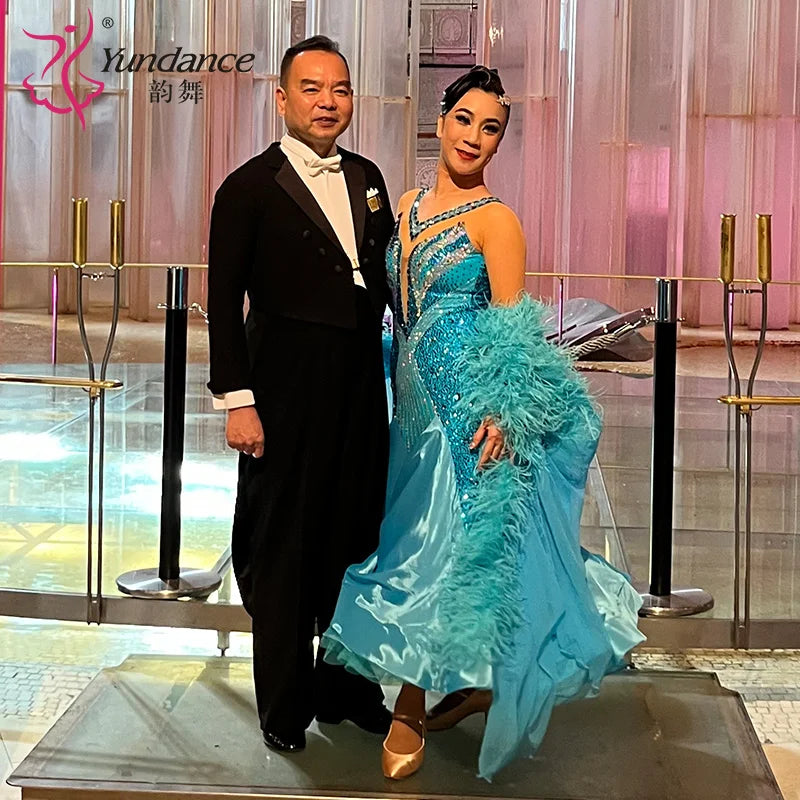 Women's Custom Ballroom Dance Competition Dress With Feather Trim In Stretch Fabric