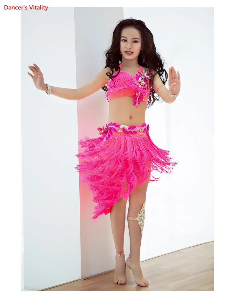 Girls' Belly Dance 2-Piece Bra and Skirt Set With Tassel Fringe For Performance
