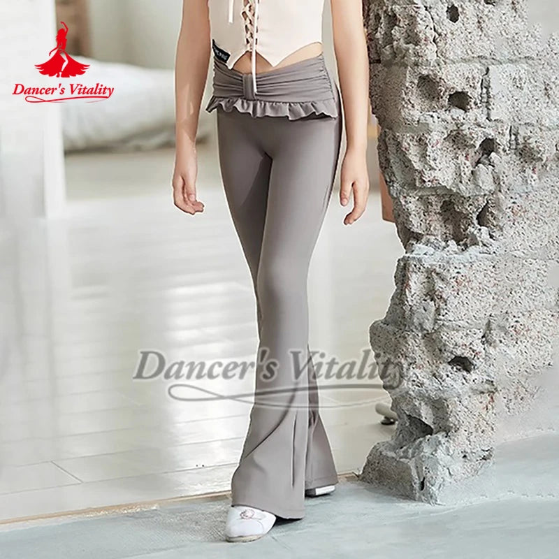 Girls' Pink Halter Crop Top and Grey Bell Bottom Dance Pants Set, Ruffled Waist, Lace-Up Front, Modern Dance