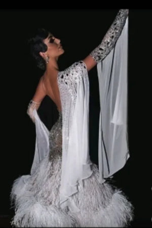 Women's White Sheer Drape Crystal Feather Ballroom Dance Dress