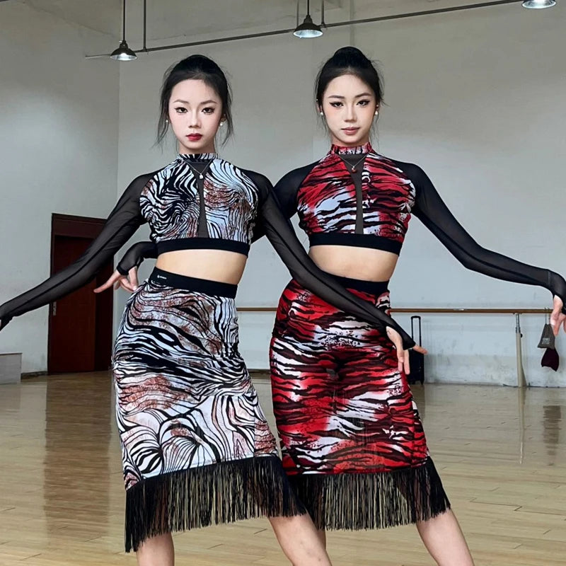 Latin Dance Dress, Women's Black/White & Red/Black Tiger Print Fringe Skirt Set, Mesh Sleeves, Ballroom Dance