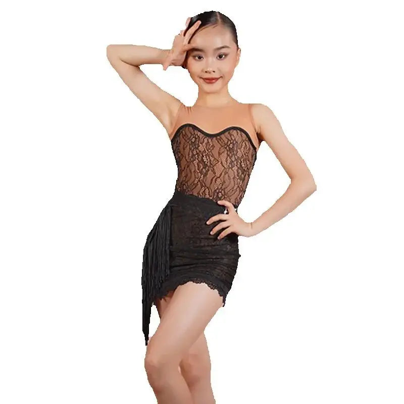 Girls' Black & Nude Lace Fringe Latin Dance Dress