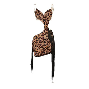Women's Brown Leopard Print Cutout Fringe Latin Dance Dress