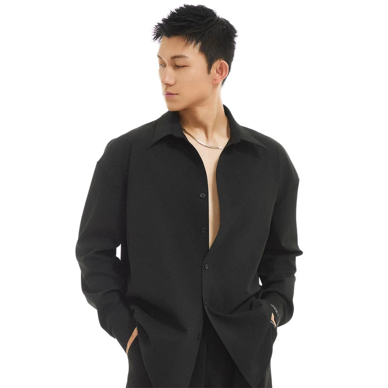 Men's Black Oversized Button-Down Shirt, Loose Fit