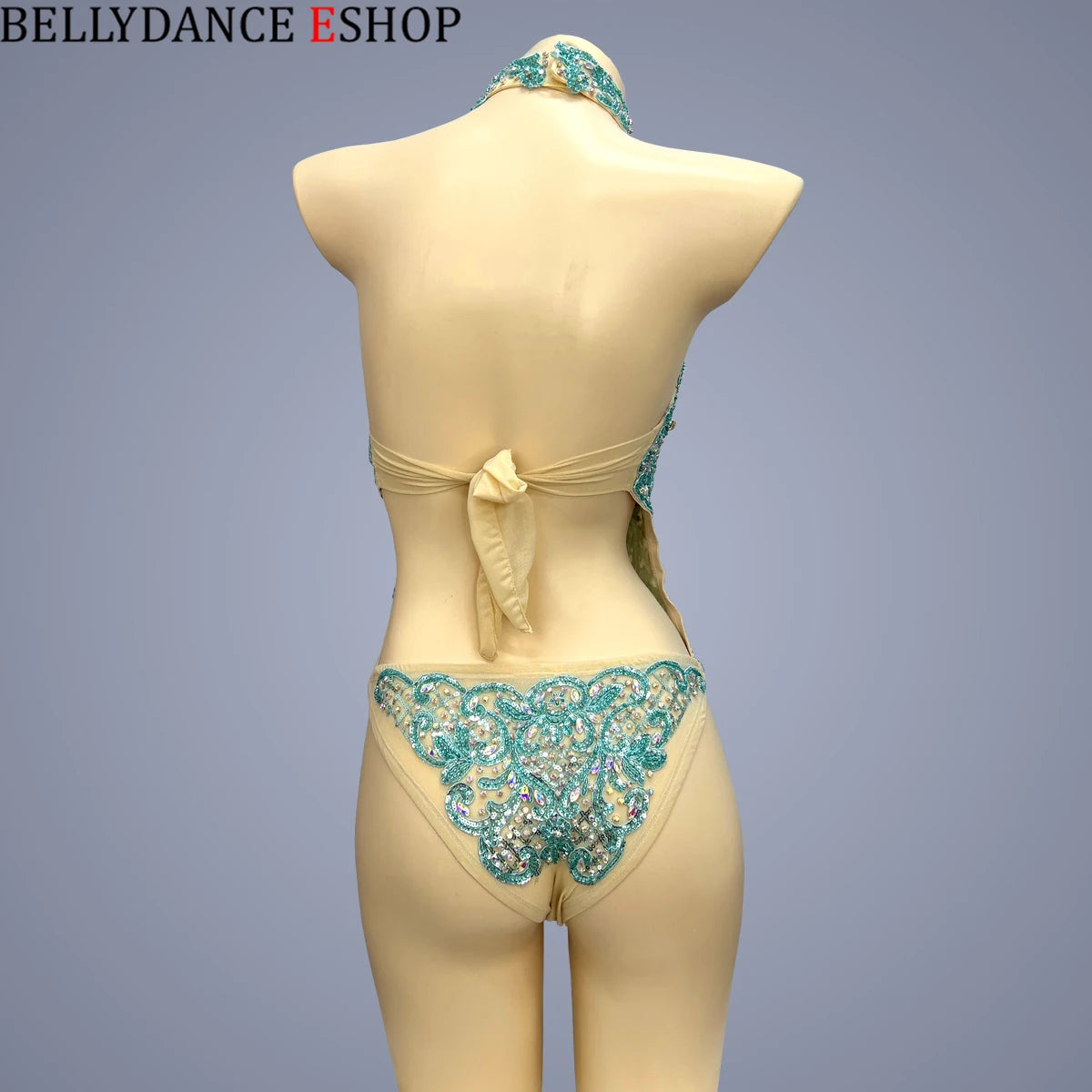 Women's Gold and Green Beaded Halter Neck Bodysuit, Ballroom Dance