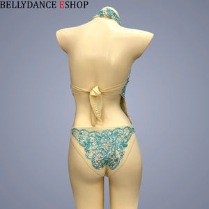 Women's Gold and Green Beaded Halter Neck Bodysuit, Ballroom Dance