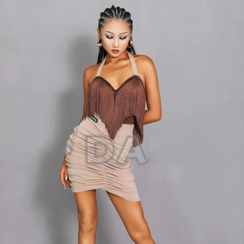 Latin Dance Dress Women's Black/Red/Brown/Beige Fringe Halter Ruched Mini Dress