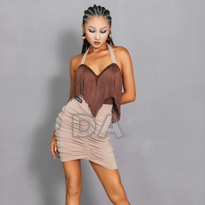Latin Dance Dress Women's Black/Red/Brown/Beige Fringe Halter Ruched Mini Dress