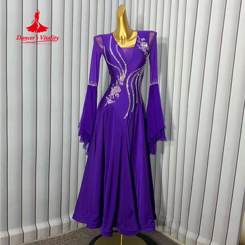 Women's Ballroom Dance Dress With Rhinestone Embellishment Long Sleeves And Fishtail Hem For Performance
