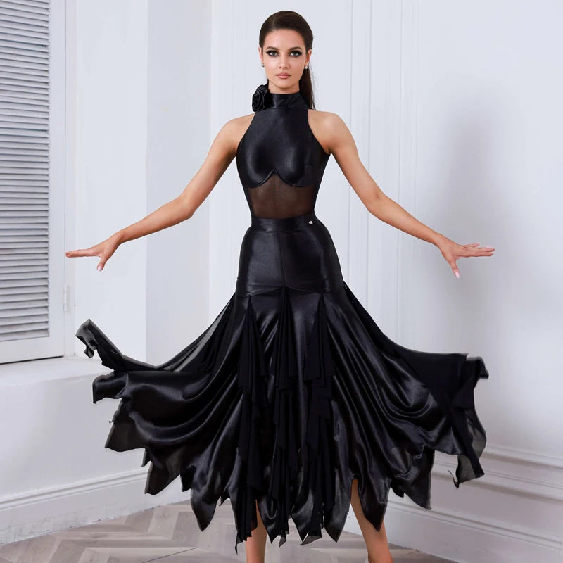 Women's Black Mesh & Satin Halterneck Latin Rhythm Ballroom Dance Dress with Ruffled Skirt