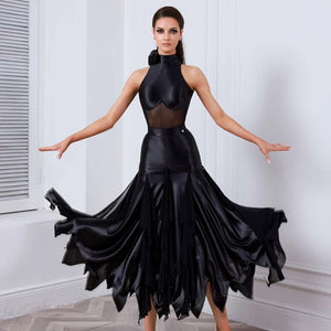 Women's Black Mesh & Satin Halterneck Latin Rhythm Ballroom Dance Dress with Ruffled Skirt