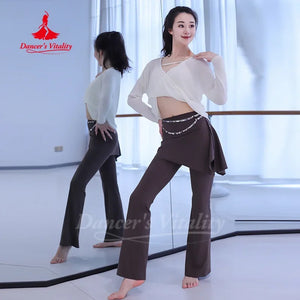 Women's Belly Dance High-Waisted Bell-Bottom Pants And Hip Scarf 2-Piece Set For Adult Practice