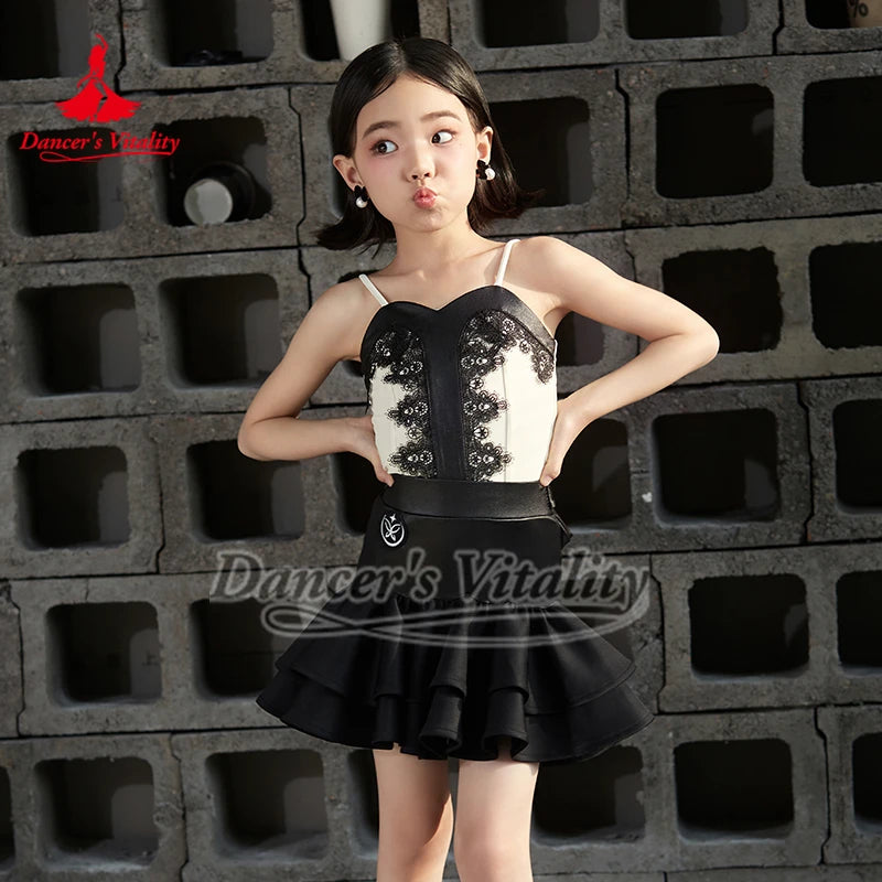 Girls' Ivory & Black Lace Spaghetti Strap Ruffle Latin Dance Dress