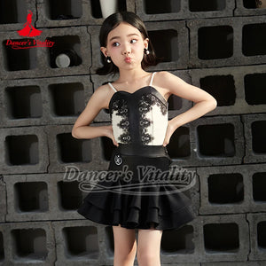 Girls' Ivory & Black Lace Spaghetti Strap Ruffle Latin Dance Dress