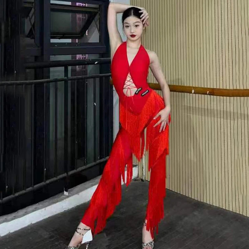 Dance Jumpsuit Women's Red Halter Fringe Latin Dance Bodysuit with Pants, Black Halter Fringe Latin Dance Bodysuit with Pants, Blue Halter Fringe Latin Dance Bodysuit with Pants