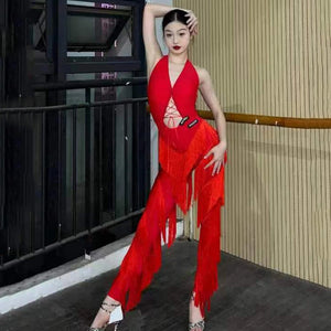 Dance Jumpsuit Women's Red Halter Fringe Latin Dance Bodysuit with Pants, Black Halter Fringe Latin Dance Bodysuit with Pants, Blue Halter Fringe Latin Dance Bodysuit with Pants