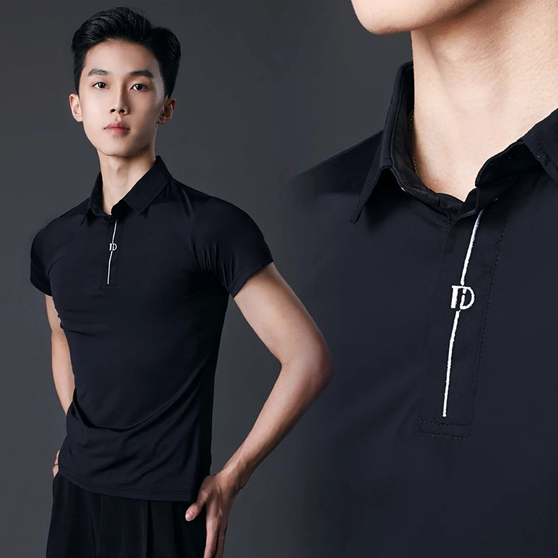 Men's Black Short Sleeve Polo Shirt with White Stripe and "ID" Logo for Ballroom Dance