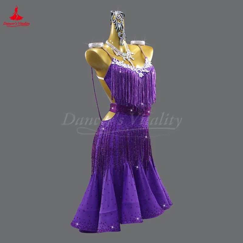 Women's And Girls Custom Latin Ballroom Competition Dance Dress With Fishbone Skirt