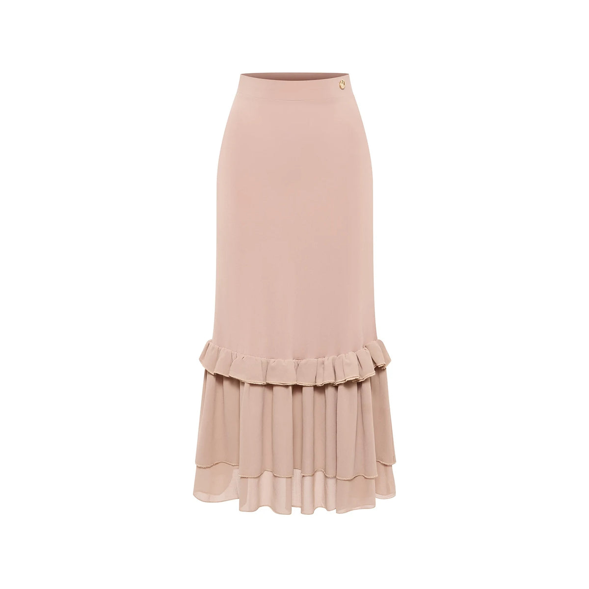 Women's Nude Chiffon One-Shoulder Ruffle Bodysuit & Skirt Latin Dancewear Set