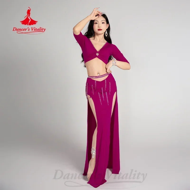 Women's Belly Dance Practice Set V-Neck Half-Sleeve Top and Long Split Skirt 2-Piece