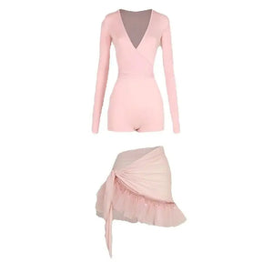 Women's Black, Pink, Ivory Long Sleeve V-Neck Wrap Bodysuit with Ruffled Tulle & Satin Tie Skirt for Latin Ballroom Dance
