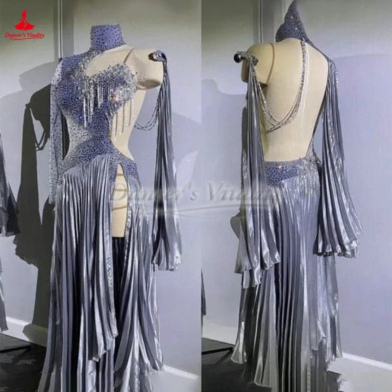 Women's Silver Sequin & Rhinestone Embellished Asymmetrical Latin Ballroom Dance Dress with Pleated Skirt and Draped Sleeves